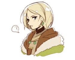 1other ? anpolly armor blonde_hair blue_eyes breastplate coat commentary_request crescent crescent_earrings earrings fur-trimmed_coat fur_trim green_coat jewelry kirjonen_(sekaiju) looking_at_viewer mole mole_under_eye other_focus parted_bangs parted_lips portrait profile sekaiju_no_meikyuu sekaiju_no_meikyuu_4 short_hair simple_background solo spoken_question_mark teeth white_background 