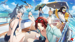  2boys 3girls absurdres arai_motoha artist_request ball beachball bird black_hair blue_hair boat bow brown_hair clouds copyright_name duck_innertube eyewear_on_head fishing_rod footwear_bow grey_eyes grey_hair hair_ornament hairband hairclip highres holding holding_ball holding_fishing_rod holding_umbrella innertube kamishiro_nagisa kanou_shun lufel_(owl)_(p5x) lufel_(p5x) male_swimwear multiple_boys multiple_girls navel official_art one-piece_swimsuit one_eye_closed open_mouth owl parasol persona persona_5 persona_5:_the_phantom_x red_eyes red_hair sahara_miyu seagull simple_bird smile sunglasses swim_ring swim_trunks swimsuit tanemura_riko third-party_source umbrella visor_cap watercraft wristband 