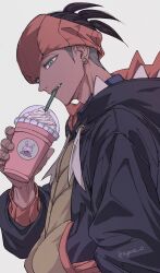  1boy aqua_eyes arm_up black_hair black_jacket commentary_request cup dark-skinned_male dark_skin disposable_cup drawstring drinking_straw drinking_straw_in_mouth headband highres holding holding_cup hood hood_down hooded_jacket jacket kyaro_o long_sleeves male_focus medium_sideburns orange_headband orange_jacket parted_lips pokemon pokemon_sword_and_shield profile raihan_(pokemon) short_hair sideburns simple_background smile solo spiky_hair twitter_username two-sided_fabric two-sided_jacket very_short_hair whipped_cream white_background 