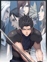  1girl 5boys 5tatsu aerith_gainsborough angeal_hewley armor black_hair blonde_hair blue_eyes blue_sweater brown_hair cloud_strife commentary_request crisis_core:_final_fantasy_vii fighting_stance final_fantasy final_fantasy_vii from_side genesis_rhapsodos grey_hair highres holding holding_sword holding_weapon long_hair looking_at_viewer multiple_boys parted_bangs profile ribbed_sweater sephiroth short_hair shoulder_armor sleeveless sleeveless_turtleneck spiky_hair suspenders sweater sword turtleneck turtleneck_sweater upper_body weapon zack_fair 