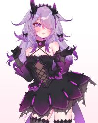  1girl absurdres bare_shoulders black_dress black_gloves black_hairband black_horns black_thighhighs blush breasts closed_mouth criss-cross_halter detached_collar dress gloves hair_flaps hair_over_one_eye hairband halterneck hands_up highres hololive hololive_english horns hoshiiii_art koseki_bijou mole mole_under_mouth purple_hair simple_background sleeveless sleeveless_dress small_breasts smile solo thigh-highs violet_eyes virtual_youtuber white_background zettai_ryouiki 