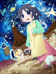 >_< 1boy 2girls :d :o absurdres angry animal apron black_cat black_eyes black_hair blonde_hair blush bow cat closed_eyes closed_lab_coat commentary covering_own_mouth cozydeneb curled_fingers english_commentary fishbowl_helmet flag green_sweater hand_to_own_mouth helmet highres lab_coat laughing long_hair long_skirt long_sleeves multiple_girls necktie nichijou on_moon open_mouth pink_sandals pink_skirt pointing pointing_at_another professor_shinonome raised_inner_eyebrows red_bow red_flag red_necktie rocket rocket_ship sakamoto_(nichijou) sandals satellite shinonome_nano short_hair sitting skirt sky sleeves_past_wrists smile socks space_helmet spacecraft standing star_(sky) star_(symbol) starry_sky surreal sweat sweater tearing_up v-shaped_eyebrows very_long_hair volcano wariza winding_key xd yellow_apron 