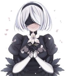  1girl 2b_(nier:automata) absurdres black_dress black_hairband blindfold closed_mouth commentary_request covered_eyes crying dress eim1nn facing_viewer falling_petals feather-trimmed_sleeves flower gloves hairband highres holding holding_flower juliet_sleeves light_smile long_sleeves mole mole_under_mouth multicolored_gloves nier:automata nier_(series) own_hands_clasped own_hands_together parted_bangs petals puffy_sleeves short_hair side_part solo straight-on streaming_tears tears twitter_username two-tone_gloves upper_body white_background white_flower white_hair 