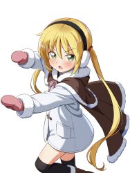  1girl absurdres black_thighhighs blush boots brown_boots brown_capelet capelet coat commentary cowboy_shot earmuffs english_commentary fur-trimmed_boots fur-trimmed_capelet fur-trimmed_sleeves fur_trim green_eyes hair_between_eyes hair_ornament hair_scrunchie hayate_no_gotoku! highres long_hair long_sleeves looking_at_viewer lostorder mittens neck_ribbon open_mouth outstretched_arm pink_mittens pink_ribbon red_scrunchie ribbon sanzen'in_nagi scrunchie sidelocks simple_background solo thigh-highs transparent_background twintails v-shaped_eyebrows very_long_hair white_coat winter_clothes 