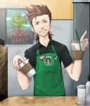  absurdres apron badge brown_hair coffee cup english highres lloyd_irving male mieu solo starbucks straw tales_of_(series) tales_of_symphonia tree 