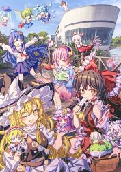  6+girls alice_margatroid animal animalization antenna_hair apron ascot badge bald_kaguya_(meme) bird black_bird black_hat black_skirt black_vest blonde_hair blue_bow blue_dress blue_eyes blue_hair blue_sailor_collar blue_shirt blue_skirt blue_vest blush bomb_item_(touhou) book bow bowtie braid brown_eyes brown_hair brown_hairband building button_badge buttons character_doll character_print character_request chest_sarashi circled_9 cirno closed_eyes collared_shirt computer contemporary daiyousei detached_sleeves detached_wings disembodied_linked_eye doll dress eating ex-keine eyeball fairy fairy_wings food frilled_bow frilled_hair_tubes frilled_shirt_collar frilled_skirt frills fujiwara_no_mokou fumo_(doll) green_eyes green_hair grey_hair hair_bow hair_ornament hair_tubes hairband hakurei_reimu hat hat_bow hata_no_kokoro heart heart_button heart_hair_ornament highres holding holding_book holding_doll holding_food holding_popsicle houraisan_kaguya ice ice_wings inu_sakuya_(nejikirio) izayoi_sakuya kamishirasawa_keine kimeemaru kirisame_marisa komeiji_satori konpaku_youmu laptop long_hair long_sleeves looking_at_viewer mask mask_on_head meme meta mizuhashi_parsee monu_de_wuhui mountain_of_faith multiple_girls nagae_iku neckerchief ofuda ofuda_on_clothes on_bench one_eye_closed one_side_up open_mouth outdoors pants patchouli_knowledge photo_background pinafore_dress pink_eyes pink_hair pink_shirt pink_skirt popsicle puffy_short_sleeves puffy_sleeves reading red_bow red_eyes red_hat red_neckerchief red_pants red_skirt reiuji_utsuho reiuji_utsuho_(bird) ribbon-trimmed_collar ribbon-trimmed_sleeves ribbon_trim sailor_collar sarashi school_uniform shameimaru_aya shanghai_doll shirt short_sleeves side_braid single_braid sitting skirt skirt_set sleeveless sleeveless_dress smile socks sukusuku_hakutaku suspenders tokin_hat touhou translation_request ufo very_long_hair vest waist_apron white_apron white_bow white_bowtie white_shirt white_socks wide_sleeves wings witch_hat yagokoro yellow_ascot yellow_bow yellow_eyes yukkuri_shiteitte_ne 