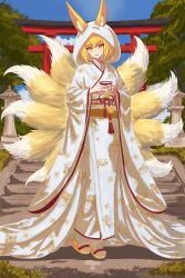  1girl alternate_costume animal_ear_fluff animal_ears blonde_hair closed_mouth commentary cup day dot_nose floral_print fox_ears fox_girl full_body head_tilt heel_up highres holding holding_cup hood hood_up ink_black japanese_clothes kimono kitsune kyuubi lipstick long_sleeves looking_at_viewer makeup multiple_tails outdoors red_trim sakazuki sandals shiromuku short_hair slit_pupils smile socks solo stairs standing stone_lantern tail torii touhou uchikake wedding white_kimono white_socks wide_sleeves yakumo_ran yellow_eyes 