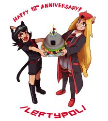  absurdres alunya animal_ear_fluff animal_ears bandana belt black_bandana black_boots black_coat black_dress black_hair black_necktie black_thighhighs blonde_hair blue_skirt boots bunker cake cat_ears cat_girl cat_tail coat copyright_name dress english_text fangs flag_bandana food grin happy_anniversary highres holding holding_cake holding_food knee_boots leftypol loafers long_hair medium_hair necktie open_clothes open_coat open_mouth red_bandana red_belt red_eyes red_necktie red_shoes red_trim rodina_(picg) sharp_teeth shoes short_dress skirt smile striped_clothes striped_necktie striped_thighhighs tail teeth thekkm thigh-highs tongue very_long_hair 