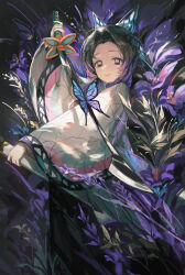  1girl absurdres animal_print black_hair blue_butterfly bow bug butterfly butterfly_hair_ornament butterfly_print butterfly_print_haori checkered_haori commentary demon_slayer_uniform feet_out_of_frame flower gradient_hair hair_bow hair_ornament haori highres holding holding_sheath holding_weapon japanese_clothes kimetsu_no_yaiba kochou_shinobu looking_at_viewer loong_(loong_blo) multicolored_hair purple_butterfly purple_hair sheath short_hair smile solo standing untranslatable_commentary weapon wisteria 