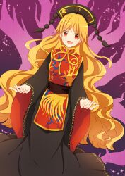  1girl belt black_dress black_hat blonde_hair breasts brown_belt chinese_clothes commentary_request crescent crescent_print dalachi_(headdress) dress energy full_body gradient_background hands_up hat highres junko_(touhou) kazukikosen long_dress long_hair long_sleeves looking_at_viewer mandarin_collar medium_breasts neck_ribbon open_mouth phoenix_print pink_background pom_pom_(clothes) purple_background red_eyes red_tabard ribbon smile solo sparkle_background standing tabard tassel tongue touhou very_long_hair wavy_hair wide_sleeves yellow_ribbon 