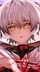  1boy alyosha_(genshin_impact) aura black_cape black_jacket black_shirt cape chromatic_aberration commentary_request covered_collarbone dark_aura earmuffs empty_eyes flower-shaped_pupils freckles fur-trimmed_cape fur_trim genshin_impact grey_hair hair_between_eyes hand_up highres hood hooded_cape jacket long_sleeves looking_at_viewer male_focus open_mouth ronova_(genshin_impact) shirt short_hair social_media_composition solo symbol-shaped_pupils ta_l280 teeth turtleneck turtleneck_shirt upper_body yellow_eyes 