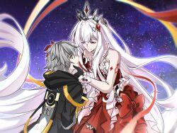  1boy 1girl absurdly_long_hair asymmetrical_gloves bare_shoulders black_gloves black_jacket body_markings caelus_(honkai:_star_rail) chinese_commentary commentary_request dress floating_hair gloves grey_hair hair_ornament hand_on_another's_head height_difference highres honkai:_star_rail honkai_(series) hood hooded_jacket jacket long_hair looking_at_another mismatched_gloves montokusora nihilux_(aeon_aha)_(honkai:_star_rail) nihilux_(honkai:_star_rail) official_alternate_costume parted_lips pink_eyes red_dress red_gloves short_hair sleeveless sleeveless_dress smile star_(sky) starry_sky_background tiara trailblazer_(honkai:_star_rail) very_long_hair white_hair yellow_eyes 