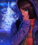  7/11_(fukuso) akiyama_mio alternate_costume blue_eyes blurry brown_hair depth_of_field highres hooded_jacket k-on! lips open_clothes open_jacket scarf solo sparkle 