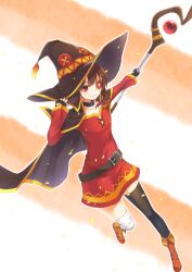  1girl bandaged_leg bandages belt black_cape black_collar black_gloves black_hat black_thighhighs boots brown_boots brown_hair cape collar collarbone commentary diagonal-striped_background dress eyepatch fingerless_gloves flat_chest full_body gloves hand_on_own_hat hat holding holding_staff kono_subarashii_sekai_ni_shukufuku_wo! mage_staff medium_hair megumin mitoshiro outline outstretched_arm red_dress red_eyes simple_background single_thighhigh sleeves_past_wrists smile smirk solo staff striped_background thigh-highs two-tone_background white_outline witch_hat yellow_trim 
