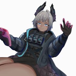 1girl absurdres arknights bird_girl commentary controller dark-skinned_female dark_skin english_commentary foreshortening game_controller grey_eyes grey_hair highres holding holding_controller holding_game_controller imminent_headpat lap_pillow light_smile load-bearing_vest lying_on_lap raidian_(arknights) yangtheempress 