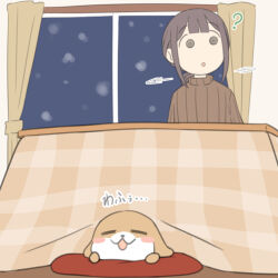  1girl :d :o ? animal blush_stickers brown_hair brown_sweater closed_eyes curtains dog hair_bun indoors juukyuu kotatsu motion_lines night original parted_lips ribbed_sweater sae_(juukyuu) smile snowing solid_circle_eyes sweater table taiga_(juukyuu) translation_request turtleneck turtleneck_sweater window 