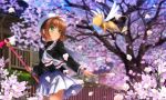  card_captor_sakura cardcaptor_sakura cherry_blossoms child clamp flower flowers fuuin_no_tsue green_eyes hair_bobbles hair_ornament hat kero kinomoto_sakura looking_up magical_girl moonknives mutsuki_(moonknives) petals school_uniform seifuku short_hair smile twintails 