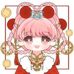  1girl bow-shaped_hair braid braided_hair_rings bright_pupils brown_eyes chibi chinese_clothes chinese_commentary chinese_new_year coin commentary_request eyelashes eyes_visible_through_hair gold_coin hair_ornament hair_rings hair_tubes hanfu happy highres holed_coin light_blush little_fortune_god_(shining_nikki) long_sleeves nikki_(nikki) nikki_(series) open_mouth outside_border pink_hair pom_pom_(clothes) pom_pom_hair_ornament qi05194738 red_hanfu shining_nikki short_hair smile solo straight-on tareme tassel tassel_hair_ornament upper_body white_background wide_sleeves yellow_pupils 
