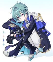  1boy ahoge armor black_boots black_choker black_gloves black_jacket blue_cape blue_gloves boots cape choker closed_mouth collared_shirt commentary_request earrings empty_eyes four-pointed_star full_body genshin_impact gloves green_skirt hair_between_eyes highres hoooooon1099 jacket jewelry lapels lohen_(genshin_impact) long_sleeves looking_at_viewer male_focus mole mole_under_eye open_clothes open_jacket pants pink_eyes pink_pupils ring shadow shirt short_hair shoulder_armor simple_background single_earring sitting skirt smile solo star_(symbol) thigh_boots two-sided_fabric two-sided_gloves two-sided_jacket w white_background white_jacket white_pants white_shirt 