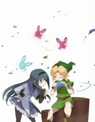 1boy 1girl akemi_homura akemi_homura_(magical_girl) black_headband black_thighhighs blue_eyes commentary crossover curious fairy green_hat hat headband highres instrument leaf link log magical_girl mahou_shoujo_madoka_magica mahou_shoujo_madoka_magica_(anime) ocarina one_eye_closed pantyhose pointy_ears purple_eyes sitting startboii the_legend_of_zelda the_legend_of_zelda:_ocarina_of_time thighhighs untranslatable_commentary white_background young_link