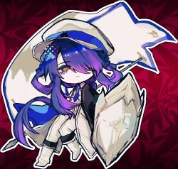  1boy :| aosoraa6 black_cape blue_cape blue_hair blue_necktie boots braid buttons call_of_cthulhu cape chibi chibi_only closed_mouth coat collared_shirt double-breasted expressionless flag fold-over_boots full_body godarca hair_over_one_eye hair_rings hat hibiki_(aosoraa6) highres holding holding_flag holding_shield jitome long_hair long_sidelocks long_sleeves looking_at_viewer low_ponytail male_focus mark_under_eye military_hat military_uniform multicolored_hair necktie one_eye_covered outline pants pants_tucked_in peaked_cap ponytail purple_hair red_background ringed_eyes shield shirt side_braids side_cape sidelocks solo standing two-sided_cape two-sided_fabric two-tone_hair very_long_hair white_boots white_coat white_hat white_outline white_pants white_shirt yellow_eyes 