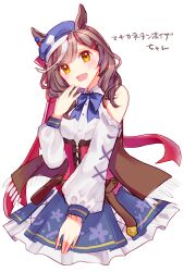  1girl animal_ears belt_bag blue_bow blue_hat blush bow breasts brown_hair center_frills clothing_cutout commentary_request corset ears_through_headwear frills hair_ornament hairclip hat highres hinaka_oekaki horse_ears horse_girl looking_at_viewer matikanetannhauser_(clippety-tippety-clop)_(umamusume) matikanetannhauser_(umamusume) medium_hair multicolored_hair newsboy_cap open_mouth parallel_hairclips red_corset shirt shoulder_cutout smile solo streaked_hair tilted_headwear umamusume white_shirt yellow_eyes 