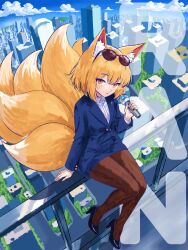  1girl absurdres alternate_costume animal_ear_fluff animal_ears balcony black_shoes blonde_hair blue_jacket blue_skirt brown_pantyhose building buttons character_name cityscape closed_mouth clouds collared_shirt commentary contemporary day dot_nose eyewear_on_head fox_ears fox_girl fox_tail from_above full_body hand_up high_heels highres holding holding_microphone ink_black jacket kitsune kyuubi lapels looking_at_viewer microphone missing_headwear multiple_tails on_railing outdoors pantyhose railing shirt shoes short_hair sitting skirt skyscraper solo spanish_commentary sunglasses tail touhou white_shirt yakumo_ran yellow_eyes 