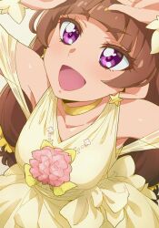  1girl :d amanogawa_kirara blunt_bangs breasts collarbone detached_sleeves dress earrings flower from_above go!_princess_precure hair_ornament hair_scrunchie hairu highres jewelry long_hair looking_up low_twintails medium_breasts open_mouth pink_flower precure purple_hair scrunchie smile solo star_(symbol) star_earrings twintails wrist_cuffs yellow_collar yellow_dress yellow_scrunchie yellow_wrist_cuffs 