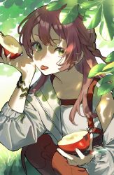  1girl apple apple_core artist_name bito_kibi braid commentary dappled_sunlight food fruit green_eyes highres holding holding_food holding_fruit holding_knife knife long_hair looking_at_viewer original outdoors pink_hair plant protected_link snake_bracelet solo sunlight tongue tongue_out 