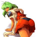  arm_support ass back bent_over emeralda_kasim from_behind green_hair looking_back miraki1016 orange_eyes scarf shadow shoulder_pads simple_background skirt solo xenogears 