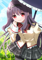 1girl absurdres black_pantyhose black_skirt blue_sky bow brown_shirt cloud cloudy_sky commentary_request day frilled_umbrella frills hair_between_eyes hand_up highres juliet_sleeves long_hair long_sleeves looking_at_viewer mahou_shoujo_madoka_magica mahou_shoujo_madoka_magica:_walpurgis_no_kaiten mitakihara_school_uniform outdoors pantyhose pleated_skirt puffy_sleeves purple_hair purple_umbrella red_bow red_eyes school_uniform shirt skirt sky smile solo uchuuneko umbrella very_long_hair wasu_(madoka_magica)