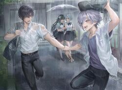  2boys 2girls bag belt black_bow black_bowtie black_hair black_pants black_skirt blue_hair bow bowtie breasts flower genshin_impact green_hair grey_hair grey_shirt hair_flower hair_ornament hairband highres holding holding_bag holding_umbrella jeieyeart mitya_(genshin_impact) multiple_boys multiple_girls odette_(genshin_impact) open_clothes open_shirt pants rain school_uniform shirt shoulder_bag skirt umbrella valeriy_(genshin_impact) violet_eyes vodyanitsa_(genshin_impact) water_drop wet white_hairband white_shirt 