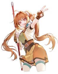  1girl :d achan_(blue_semi) ahoge armor belt bo_staff brown_belt brown_gloves brown_hair countdown cropped_jacket cropped_legs eiyuu_densetsu estelle_bright fingerless_gloves floating_hair gloves hair_between_eyes hair_intakes holding holding_staff holding_weapon jacket leather leather_belt leather_gloves long_hair looking_at_viewer open_clothes open_jacket open_mouth orange_skirt outstretched_arm pauldrons red_eyes short_sleeves shoulder_armor simple_background single_pauldron skirt smile solo sora_no_kiseki staff thigh-highs underbust v very_long_hair weapon white_background white_thighhighs wispy_bangs 