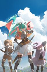  3girls absurdres adjusting_clothes adjusting_headwear aqua_eyes aqua_hair armor belt black_gloves black_thighhighs brown_belt cjws7458 clouds cloudy_sky commentary_request crossover fate/grand_order fate_(series) gauntlets gloves grin hair_ribbon hairband hand_on_own_hip hat hatsune_miku highres holding holding_polearm holding_weapon long_hair looking_at_viewer mash_kyrielight multiple_crossover multiple_girls polearm purple_hair ribbon skirt sky smile standing suzumiya_haruhi suzumiya_haruhi_no_yuuutsu thigh-highs thigh_strap twintails very_long_hair vocaloid waving weapon white_skirt witch_hat yellow_hairband yellow_ribbon 