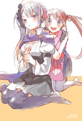  2girls arm_belt black_thighhighs commentary_request frey_(machine-doll) japanese_clothes kimono komurasaki_(machine-doll) machine-doll_wa_kizutsukanai multiple_girls purple_scarf scarf short_kimono short_yukata side_ponytail thigh-highs twintails yukata 