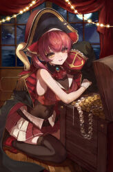  1girl :d ascot belt black_coat black_leotard black_shoes black_thighhighs brooch coat coat_on_shoulders coin commentary_request dempadeva dot_nose gloves hair_ribbon hat heterochromia highres hololive houshou_marine houshou_marine_(1st_costume) jewelry kneeling leotard leotard_under_clothes long_hair looking_at_viewer miniskirt necklace night ocean open_mouth pearl_necklace pirate_hat pleated_skirt red_ascot red_eyes red_hair red_ribbon red_skirt ribbon shirt shoes skirt sleeveless sleeveless_shirt smile solo thigh-highs treasure treasure_chest twintails virtual_youtuber white_gloves window yellow_eyes 
