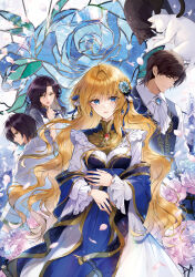 2boys 2girls apron ascot black_cat black_hair black_shirt blue_dress blue_eyes blue_flower blue_gem blue_rose blue_shawl blue_vest bow cat character_request closed_mouth collared_shirt commentary_request copyright_request curtained_hair dress earrings falling_petals flower frilled_dress frills gem hair_bow hair_flower hair_ornament hand_up highres jewelry long_hair long_sleeves looking_at_viewer looking_to_the_side multiple_boys multiple_girls official_art orange_hair panties parted_lips petals pink_flower pink_panties pink_rose profile red_gem red_lips rose shawl shirt short_hair sideways_glance stained_glass standing two-tone_dress underwear very_long_hair vest wavy_hair white_apron white_ascot white_cat white_dress white_shirt youkai_watch yukiko_(tesseract) 