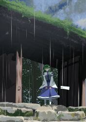  1girl :o absurdres blue_skirt blue_trim blush clouds collared_shirt commentary_request day detached_sleeves dot_nose frog_hair_ornament gasubanana gohei green_eyes green_hair hair_between_eyes hair_ornament hair_tubes highres holding holding_gohei kochiya_sanae long_hair long_sleeves looking_up no_lineart no_sclera open_mouth outdoors rain shirt single_hair_tube skirt snake_hair_ornament socks solo touhou tree under_bridge white_shirt white_sleeves white_socks wide_shot wide_sleeves 