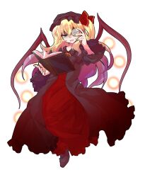  1girl alphes_(style) black_hat black_robe blonde_hair book collarbone commentary_request commission dairi dress floating floating_book floating_object frilled_dress frilled_robe frilled_sleeves frills full_body hair_between_eyes hat highres large_variant_set library long_dress long_hair looking_at_viewer mob_cap monocle multicolored_hair neck_ribbon open_book open_mouth orange_ribbon parody personification purple_hair red_dress red_eyes ribbon robe shaded_face simple_background skeb_commission smile solo style_parody tachi-e touhou transparent_background two-tone_hair variant_set voile wide_sleeves wings 