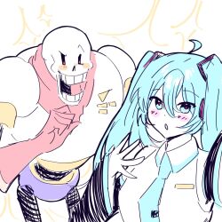  >_o 1boy 1girl 2025 2d aqua_eyes aqua_hair aqua_necktie aqua_trim armor bare_shoulders black_sleeves blue_shorts blush_stickers closed_eyes commentary cropped_torso crossover detached_sleeves digital_media dot_nose duo english_commentary fairyctrl gloves grey_shirt hair_between_eyes hair_ornament hand_on_headset hatsune_miku headset highres humanoid long_hair male monster monster_boy necktie number_tattoo open_mouth papyrus_(undertale) red_background red_gloves red_scarf scarf shirt shorts shoulder_tattoo simple_background skeleton sleeveless sleeveless_shirt sparkle tattoo teeth twintails undead undertale utdr_(toby_fox) vocaloid w white_armor white_shirt wide_sleeves wing_collar yellow_trim 