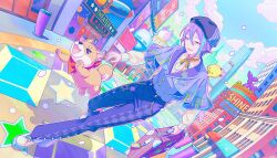  1boy :d animal aqua_streaks asymmetrical_hair asymmetrical_sidelocks baby_animal beret bird blue_sky building buttons chick clothed_animal clouds colorful colorful_palette day dog dot_nose double-parted_bangs drive_to_dream!_(project_sekai) dutch_angle english_text full_body game_asset hair_between_eyes hat highres holding holding_suitcase kamishiro_rui male_focus multicolored_hair neck_ribbon official_art open_mouth orange_ribbon outdoors pants platform_heels platform_shoes project_sekai purple_hat purple_pants purple_vest ribbon shoes short_hair sidelocks sky smile solo standing standing_on_one_leg star_(symbol) streaked_hair suitcase third-party_source vest yellow_eyes yellow_shoes 