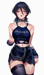  1girl absurdres alternate_costume belt black_belt black_choker black_hair black_shirt black_skirt black_thighhighs bleach breasts brown_lips chain choker collarbone hair_between_eyes highres kuchiki_rukia looking_at_viewer makeup navel shirt simple_background sira_(si12o2) skirt sleeveless solo spiked_choker spikes thigh-highs thighs violet_eyes white_background wristband 