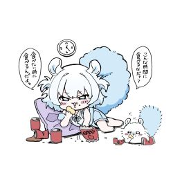  1girl :3 analog_clock animal_ears bag_of_chips blue_shorts blush_stickers can chibi chiikawa chips_(food) clock commentary_request crumbs deformed denim denim_shorts drink_can fluffy food food_on_face full_body genderswap genderswap_(otf) highres humanization looking_at_viewer lying momonga_(chiikawa) mosafever on_side pillow potato_chips shirt short_hair shorts snack soda_can sound_effects speech_bubble squirrel_ears squirrel_girl squirrel_tail tail translation_request white_hair white_shirt 