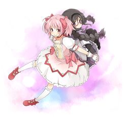  akemi_homura alternate_hairstyle back-to-back black_hair black_legwear bow braid bubble_skirt choker glasses gloves hair_bow hairband holding_hands kaname_madoka kneehighs magical_girl mahou_shoujo_madoka_magica mukunoki_nanatsu multiple_girls nanatsu pantyhose pink_eyes pink_hair puffy_sleeves purple_eyes red-framed_glasses shoes short_twintails slippers smile spoilers twin_braids twintails violet_eyes wavy_mouth white_gloves white_legwear 