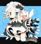  1girl apron blue_eyes blush boots bow braid chibi dress frilled_dress frills gloves hair_bow izayoi_sakuya knife kyoneko looking_at_viewer maid maid_headdress pocket_watch puffy_short_sleeves puffy_sleeves short_hair short_sleeves silver_hair smile solo throwing_knife touhou twin_braids watch 