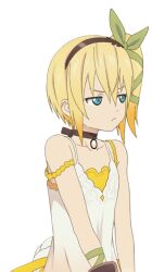 1girl annoyed arm_ribbon artist_request blonde_hair blue_eyes brown_choker brown_gloves brown_hairband choker closed_mouth collarbone commentary dress edna_(tales) from_side furrowed_brow game_asset gloves green_ribbon hair_between_eyes hair_ribbon hairband layered_dress looking_to_the_side official_art ribbon short_hair side_ponytail simple_background single_glove sleeveless sleeveless_dress solo standing strap_slip tachi-e tales_of_(series) tales_of_zestiria third-party_source transparent_background tress_ribbon upper_body v-shaped_eyebrows white_dress yellow_dress 