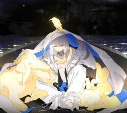  1boy animal_on_head bird bird_on_head black_sky blanket blonde_hair choker closed_eyes fate/grand_order fate_(series) full_body goat highres long_hair male_focus night noah_(fate) on_head onewhite_(sumnernath82011) outdoors robe sitting sky sloth_(animal) smile solo squirrel star_(sky) water wolf 
