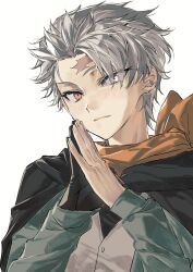  1boy black_cape cape green_shirt grey_vest hair_slicked_back heterochromia highres light_blush looking_at_viewer natsuki_subaru own_hands_together re:zero_kara_hajimeru_isekai_seikatsu scar scar_on_face scar_on_forehead shirt simple_background spiky_hair vest white_background white_eyes yellow_eyes youyusu222 