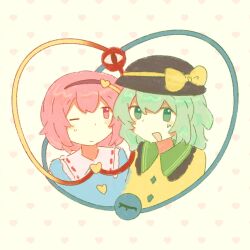  2girls black_hairband black_hat blue_shirt bow buttons chinese_commentary collared_shirt commentary_request diamond_button disembodied_linked_eye eyeball frilled_shirt_collar frills green_eyes green_hair hair_ornament hairband hat hat_bow heart heart_button heart_hair_ornament highres komeiji_koishi komeiji_satori mg2si multiple_girls pink_eyes pink_hair ribbon-trimmed_collar ribbon_trim shirt siblings sisters touhou yellow_bow yellow_shirt 