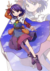  1girl absurdres boots cape closed_mouth commentary_request dress full_body hairband highres long_sleeves looking_at_viewer medium_hair multicolored_dress multicolored_hairband one-hour_drawing_challenge patchwork_clothes pointing pointing_down pointing_up purple_boots purple_hair rainbow_gradient rainbow_hairband renshirenji sky_print smile solo tenkyuu_chimata tenkyuu_chimata_pose touhou two-sided_cape two-sided_fabric violet_eyes watermark white_cape zoom_layer 